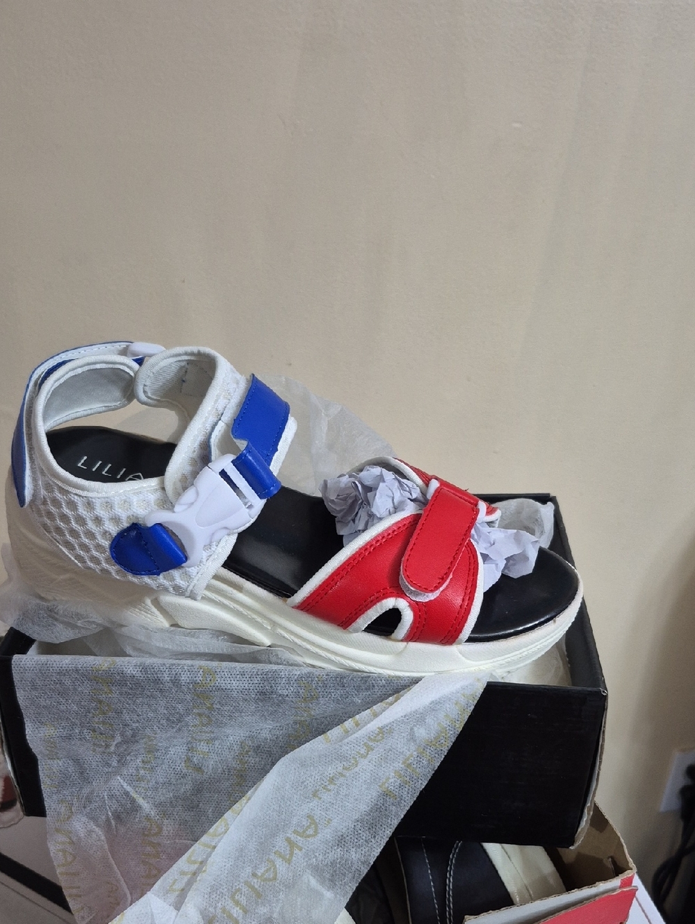 ILIA White, Red & Blue Sporty Platform Sandals